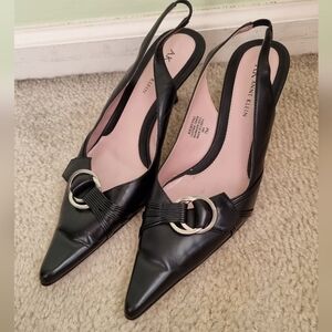 Anne Klein Black Vintage Leather Pointed Toe Kitten Heeled Slingbacks